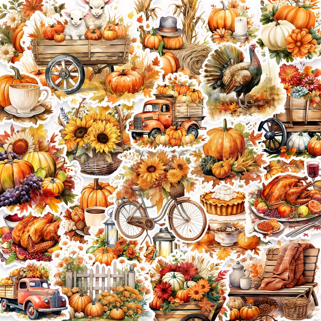 50PCS Thanksgiving Sticker Party Supplies Pumpkin Turkey Design Thanks Fall Harvest Sealing Labels Diary Laptop Phone Decoration