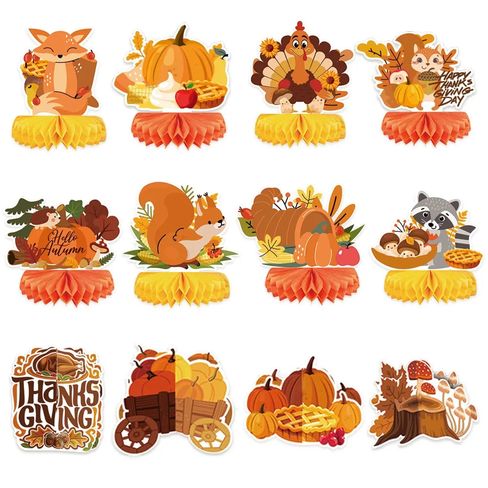 12pcs Autumn Style Thanksgiving Honeycomb Ball Decor Handmade Celebration Honeycomb Desktop Ornament Pumpkin Turkey Paper