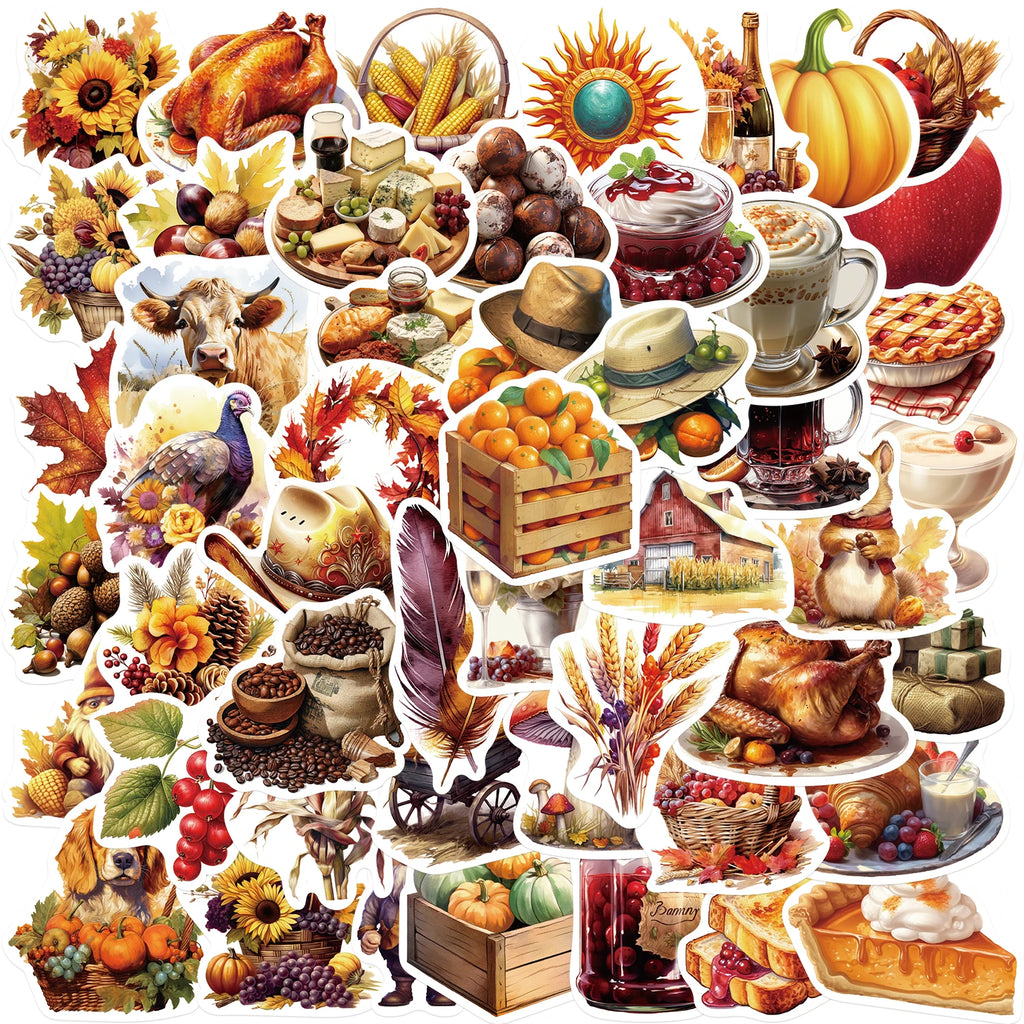 50Pcs Cartoon Thanksgiving Day Sticker Funny Pumpkin Turkey Autumn Maple Leaf Graffiti Decals DIY Laptop Luggage Skateboard