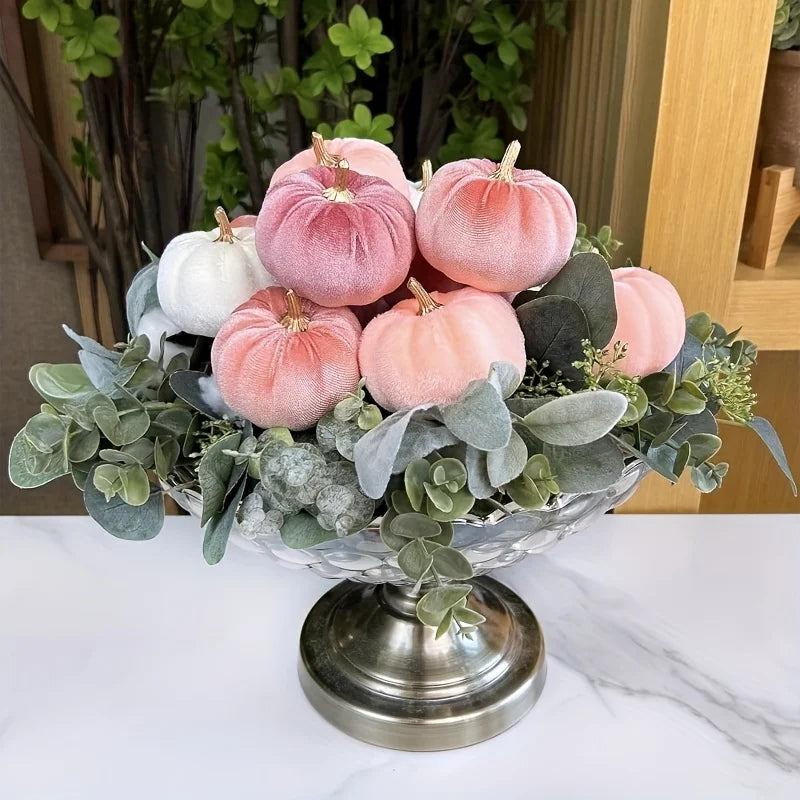 Autumn Harvest Halloween Thanksgiving 12- Pumpkin Decorations, Festive Pink Peach Cream Fabric Pumpkins Table Centerpieces