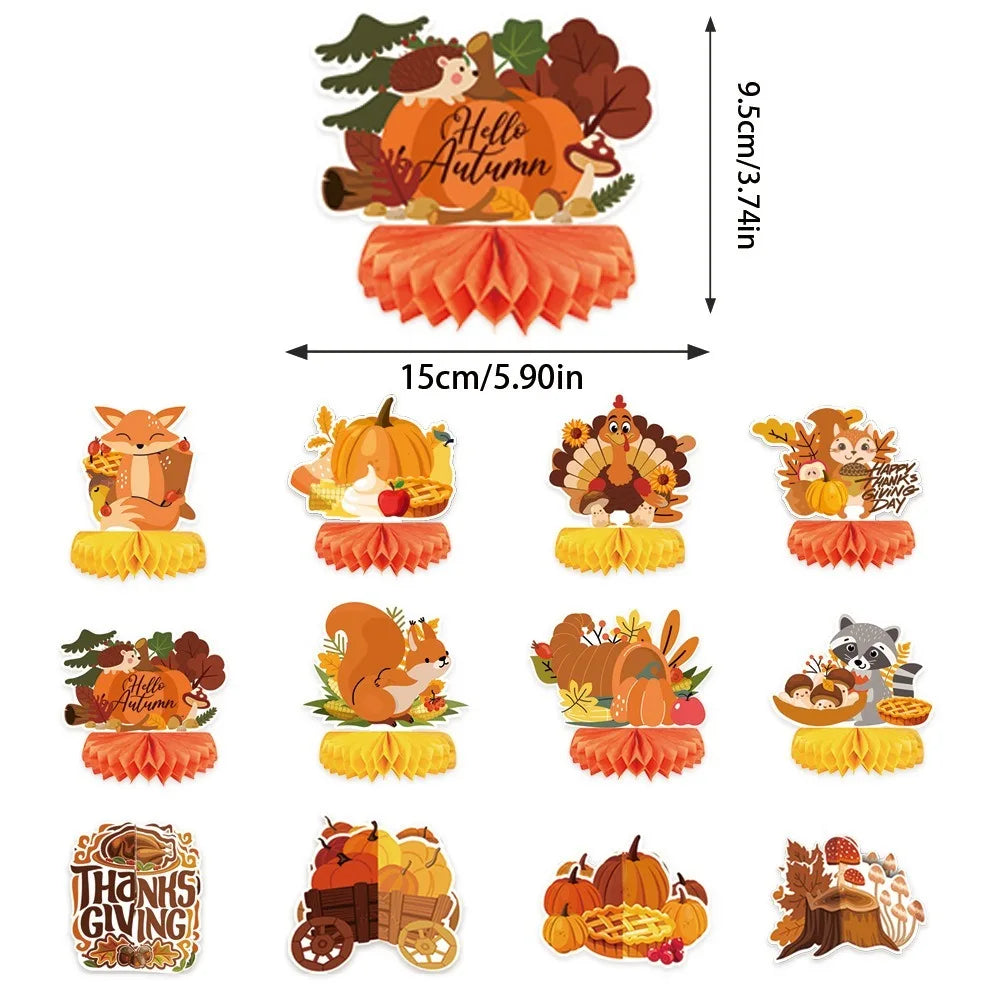 12pcs Autumn Style Thanksgiving Honeycomb Ball Decor Handmade Celebration Honeycomb Desktop Ornament Pumpkin Turkey Paper
