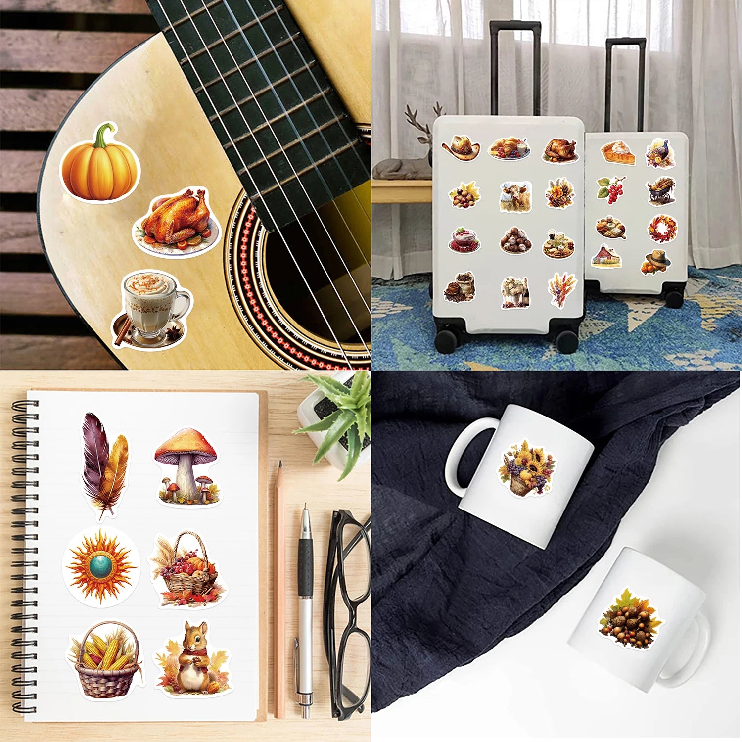 50Pcs Cartoon Thanksgiving Day Sticker Funny Pumpkin Turkey Autumn Maple Leaf Graffiti Decals DIY Laptop Luggage Skateboard