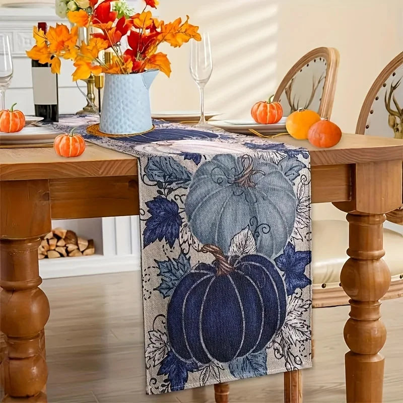 1pc Thanksgiving pumpkin maple leaf table flag, blue and white village style, farmhouse restaurant holiday decoration