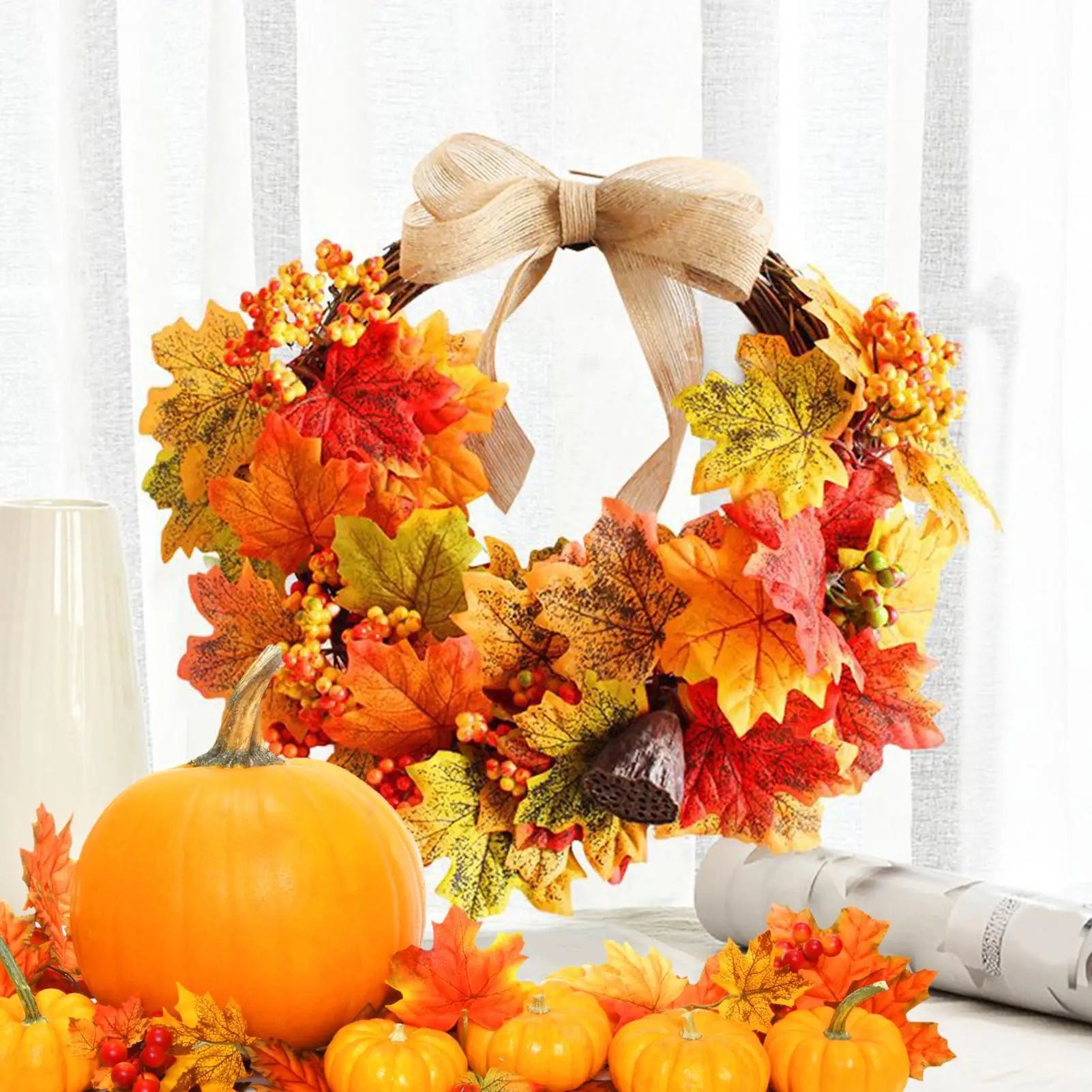 Autumn Wreath 18 Inch Outdoor Thanksgiving Wreath Holiday Decor for Harvest Festival Fireplace Porch Front Door Mantel Wall