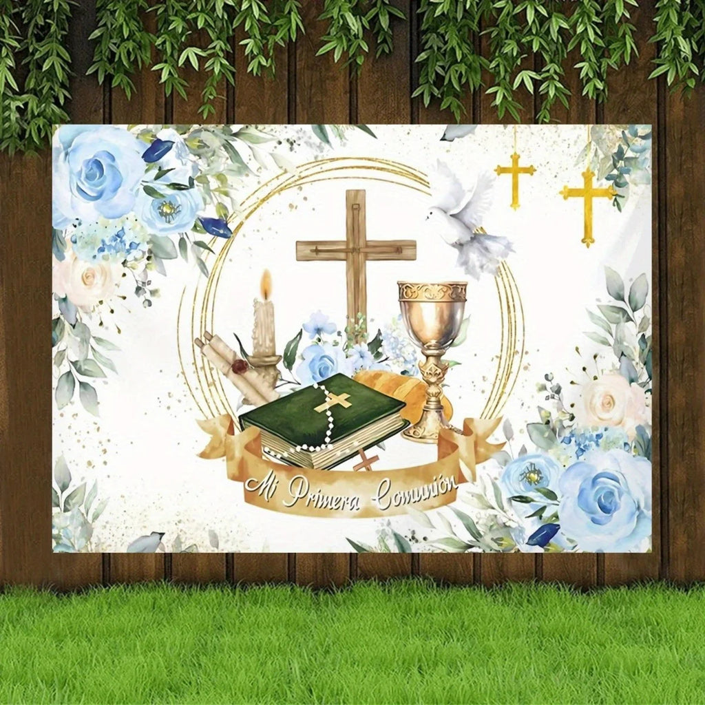 1 First Communion Thanks background with banner - Religious flower cross Holy Grail design with shining green leaves