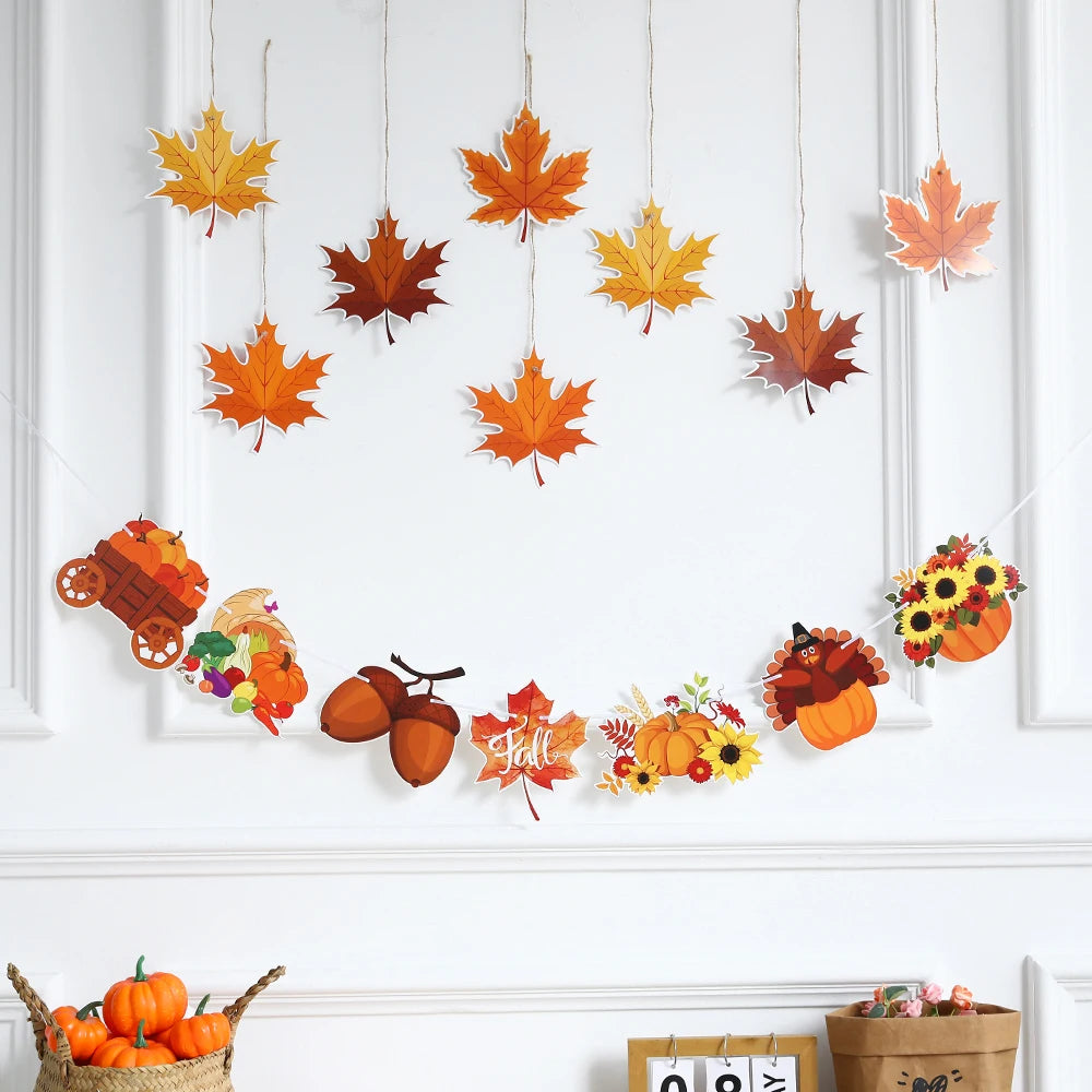 Happy Fall Banner Thanksgiving Party Decor Pumpkin Flag Maple Leaf Farm Spiral Hanging Ornaments Autumn Harvest Party Supplies