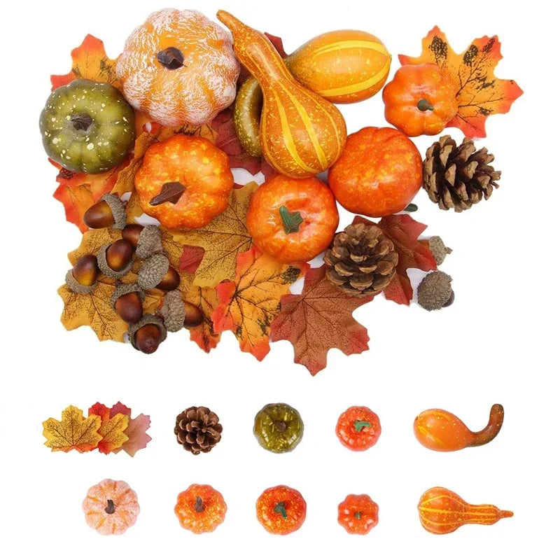 50Pcs Thanksgiving Artificial Pumpkins Set with Leaf Acorns Pine Cones for Autumn Festival Halloween Home Table Decoration
