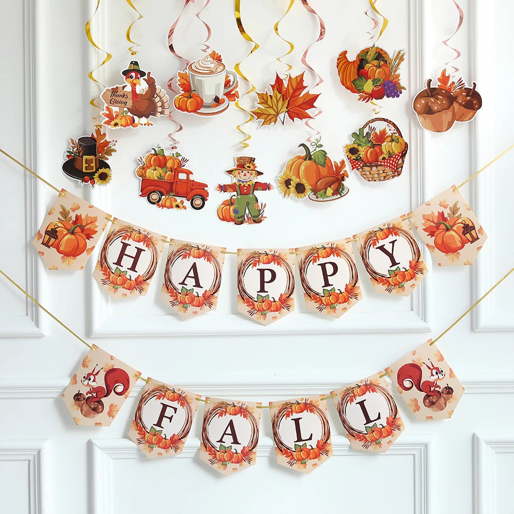 Happy Fall Banner Thanksgiving Party Decor Pumpkin Flag Maple Leaf Farm Spiral Hanging Ornaments Autumn Harvest Party Supplies