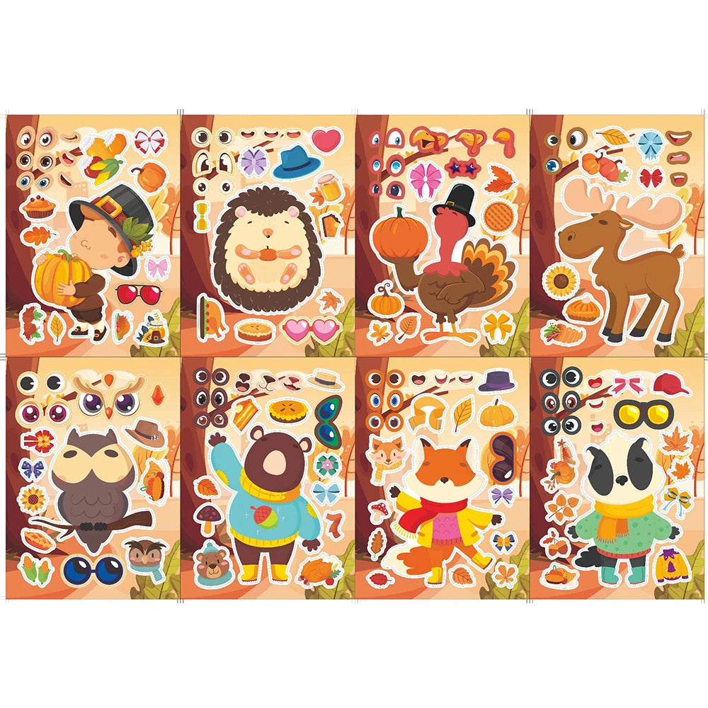 8/16Sheets Thanksgiving Day Turkey Puzzle Stickers Children Make a Face Cartoon Assemble Jigsaw Kids Toys DIY Game Decoration