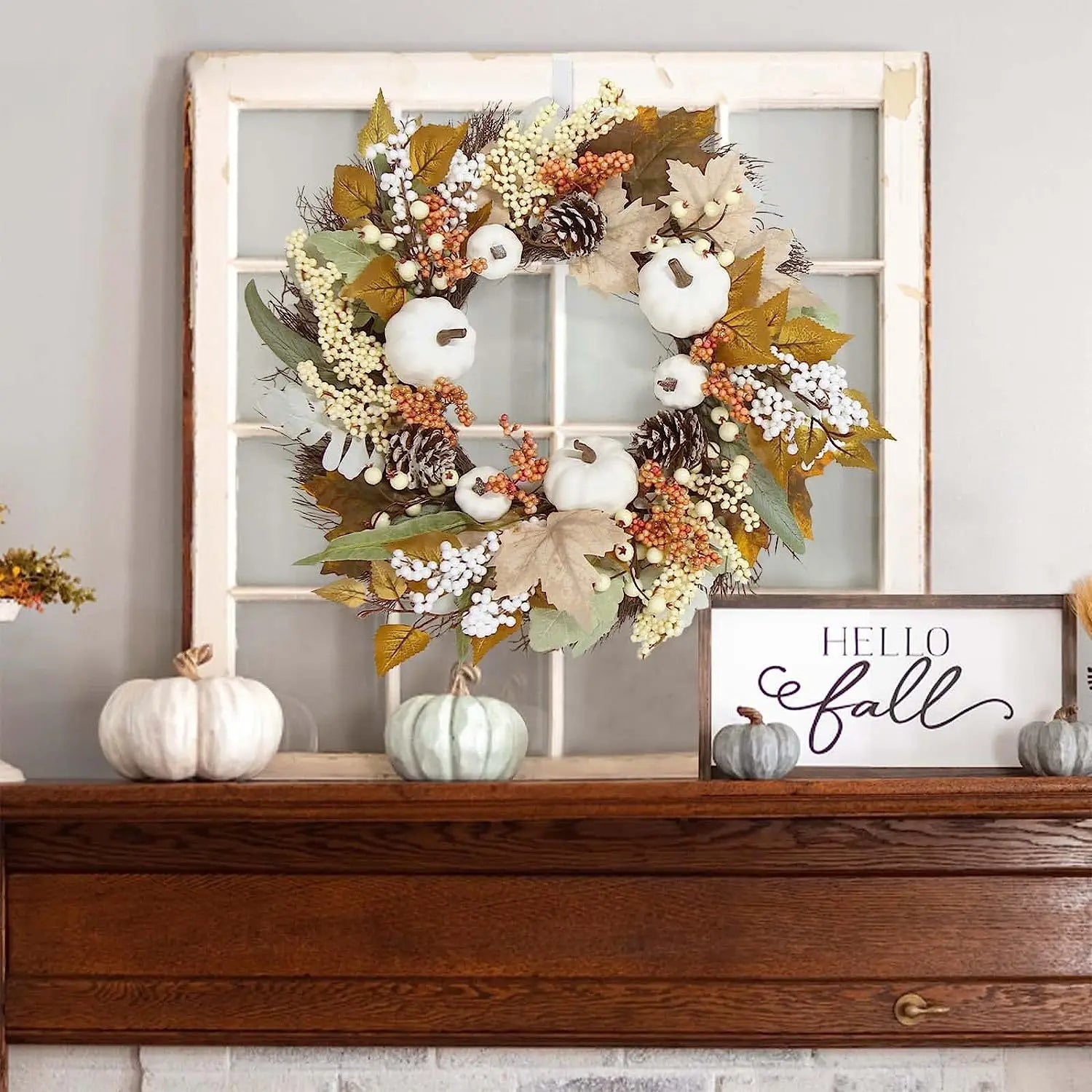 Autumn White Pumpkin Wreath Thanksgiving Decoration Maple Leaf Wreath For Front Door Hanging Indoor Outdoor Wall Home Decor 2025