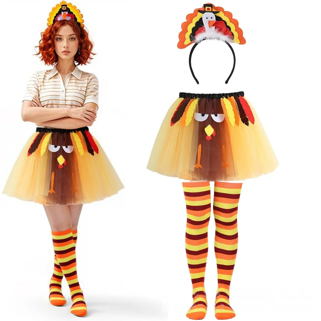 3PCS Turkey Outfit Set for Thanksgiving: Turkey Tutu Skirt, Turkey Socks and Headwear