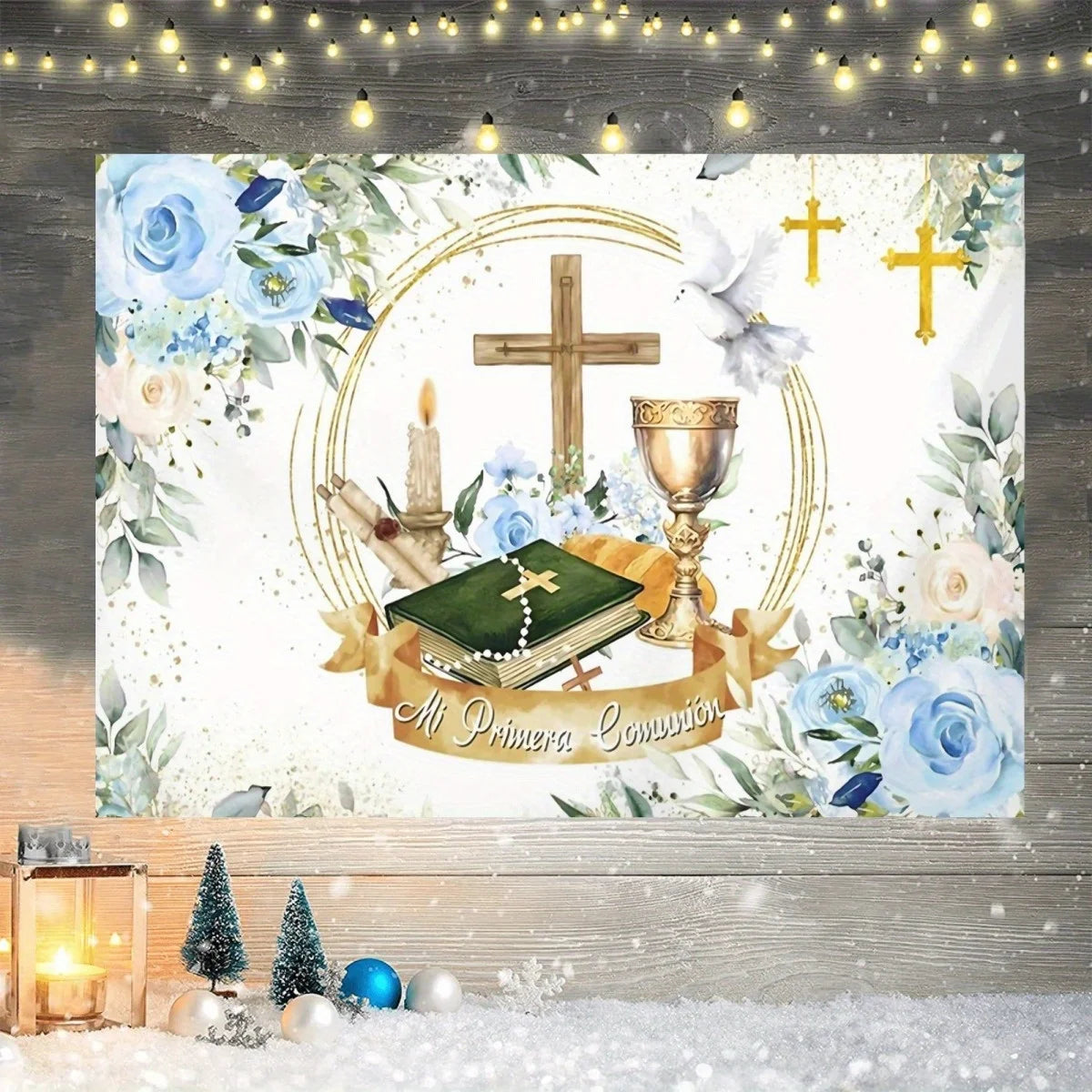 1 First Communion Thanks background with banner - Religious flower cross Holy Grail design with shining green leaves