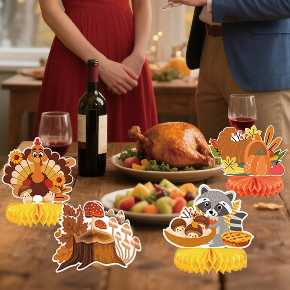 12pcs Autumn Style Thanksgiving Honeycomb Ball Decor Handmade Celebration Honeycomb Desktop Ornament Pumpkin Turkey Paper