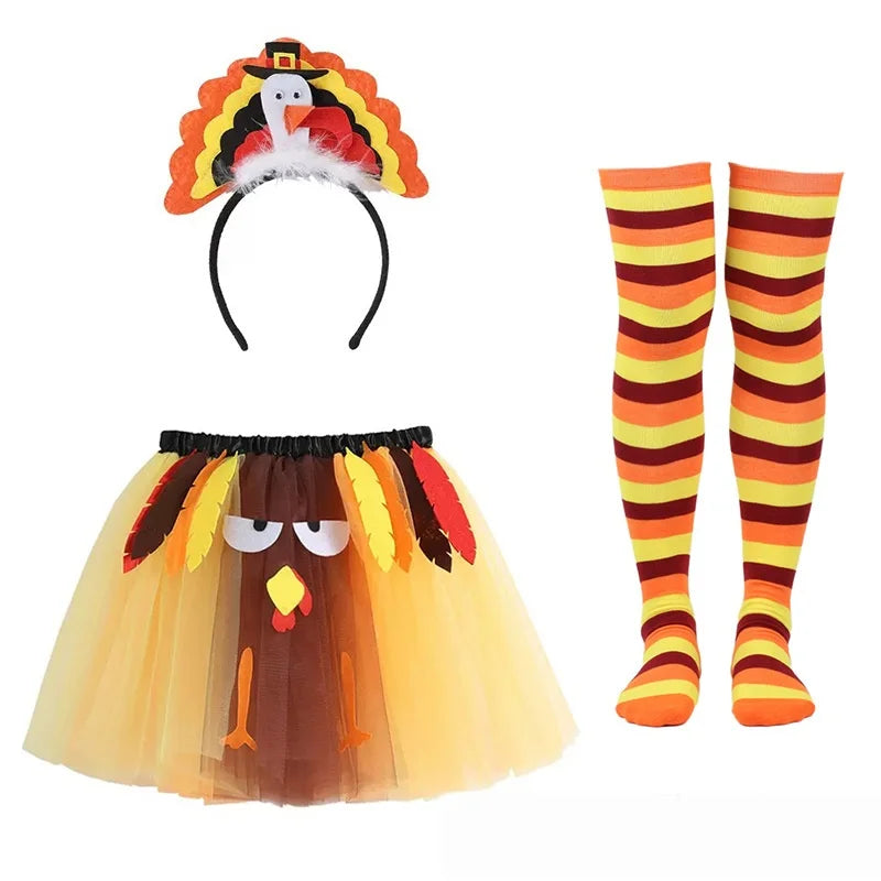 3PCS Turkey Outfit Set for Thanksgiving: Turkey Tutu Skirt, Turkey Socks and Headwear