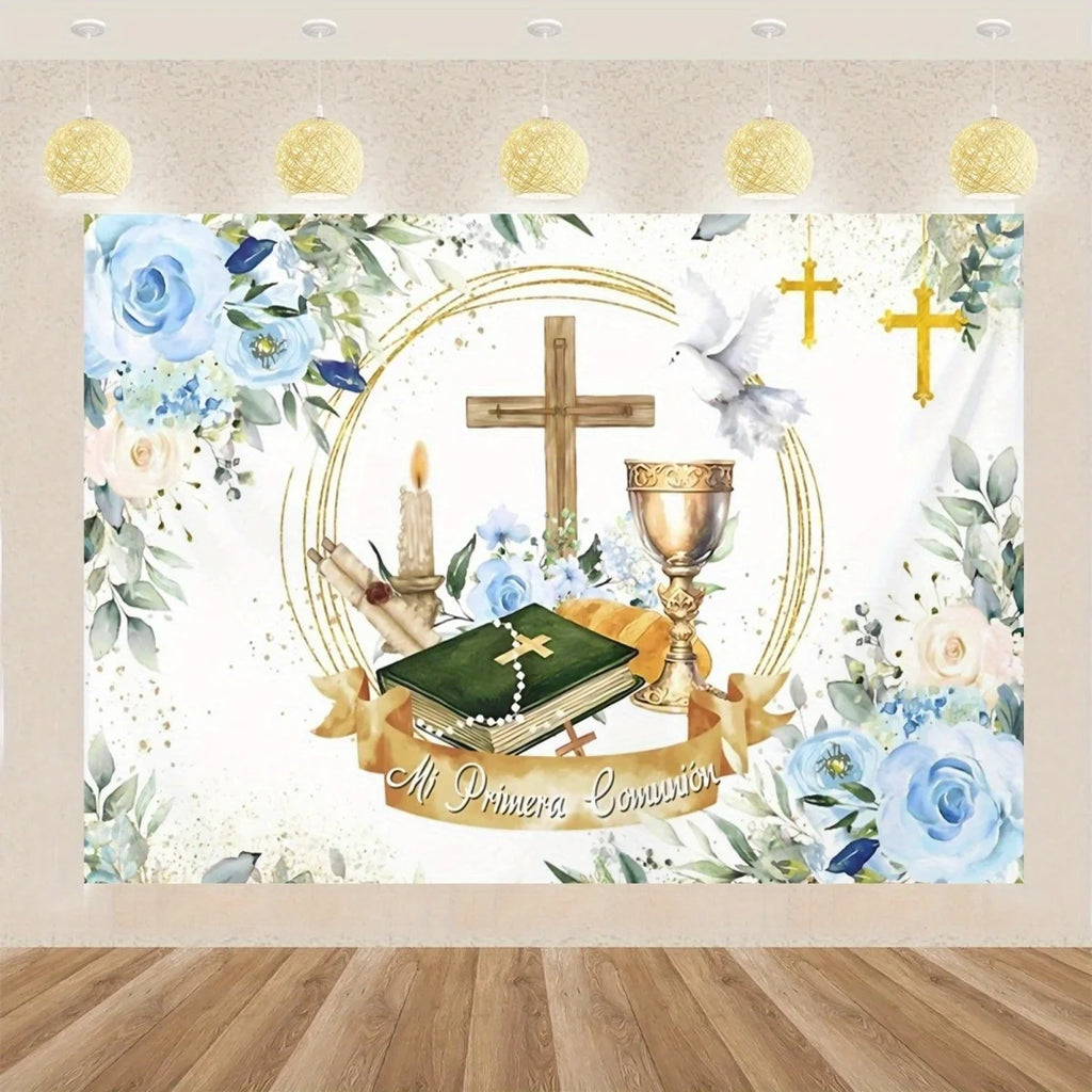 1 First Communion Thanks background with banner - Religious flower cross Holy Grail design with shining green leaves