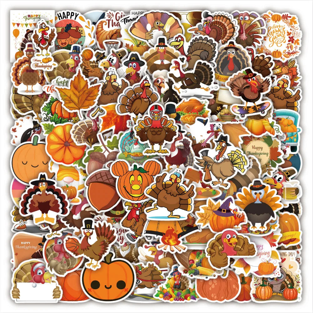 50/100PCS Thanksgiving Day Cartoon Stickers Turkey Pumpkin Graffiti Festive Decorations Luggage Laptop Guitar Bike Decals Toys