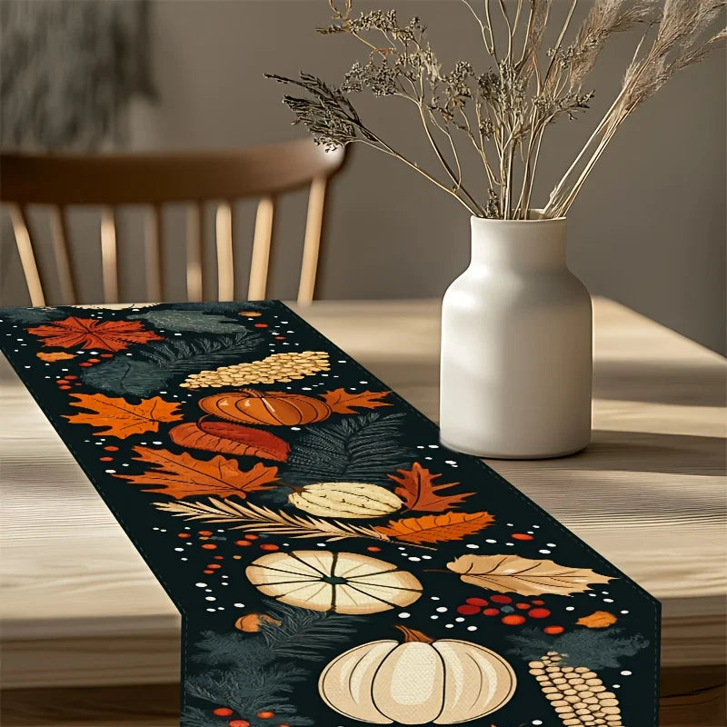 Thanksgiving Table Runner Autumn Harvest Design with Pumpkins, Leaves, Pine Needles & Berries on Black Background, Durable
