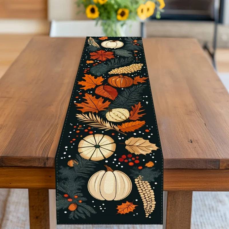 Thanksgiving Table Runner Autumn Harvest Design with Pumpkins, Leaves, Pine Needles & Berries on Black Background, Durable