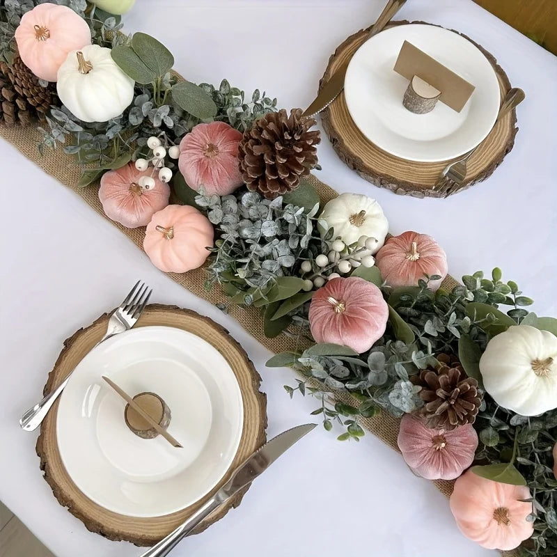 Autumn Harvest Halloween Thanksgiving 12- Pumpkin Decorations, Festive Pink Peach Cream Fabric Pumpkins Table Centerpieces