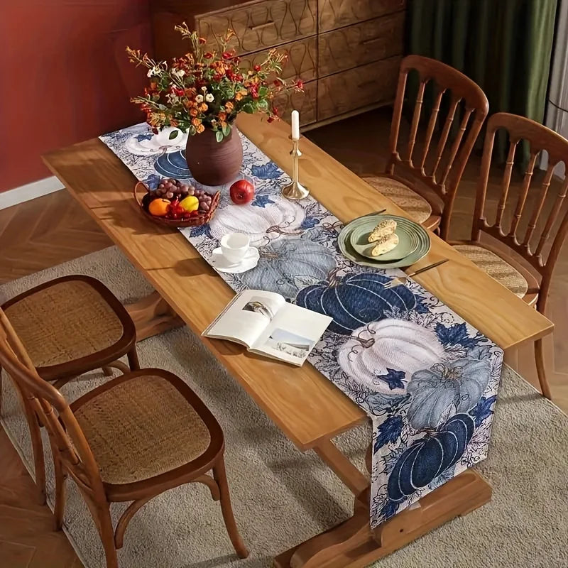 1pc Thanksgiving pumpkin maple leaf table flag, blue and white village style, farmhouse restaurant holiday decoration