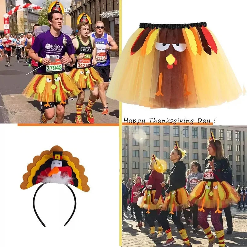 3PCS Turkey Outfit Set for Thanksgiving: Turkey Tutu Skirt, Turkey Socks and Headwear