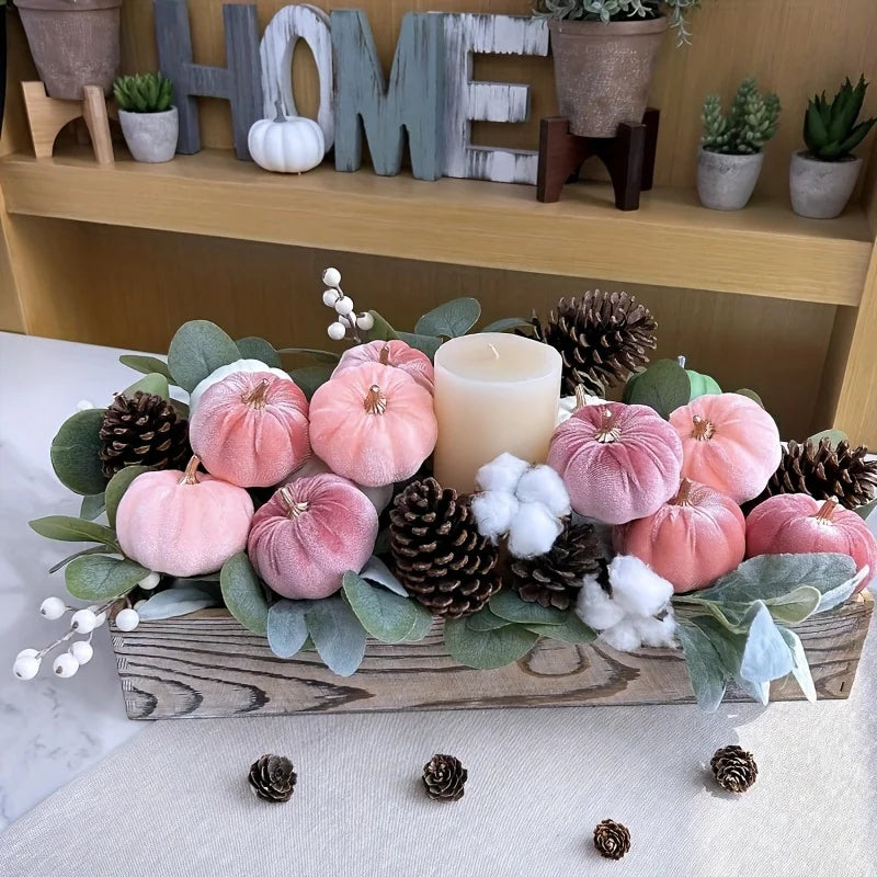 Autumn Harvest Halloween Thanksgiving 12- Pumpkin Decorations, Festive Pink Peach Cream Fabric Pumpkins Table Centerpieces