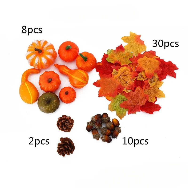 50Pcs Thanksgiving Artificial Pumpkins Set with Leaf Acorns Pine Cones for Autumn Festival Halloween Home Table Decoration