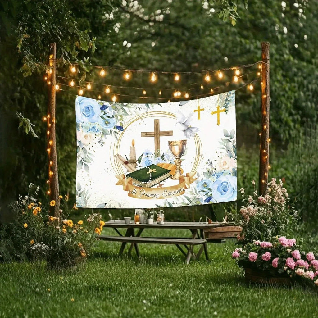 1 First Communion Thanks background with banner - Religious flower cross Holy Grail design with shining green leaves