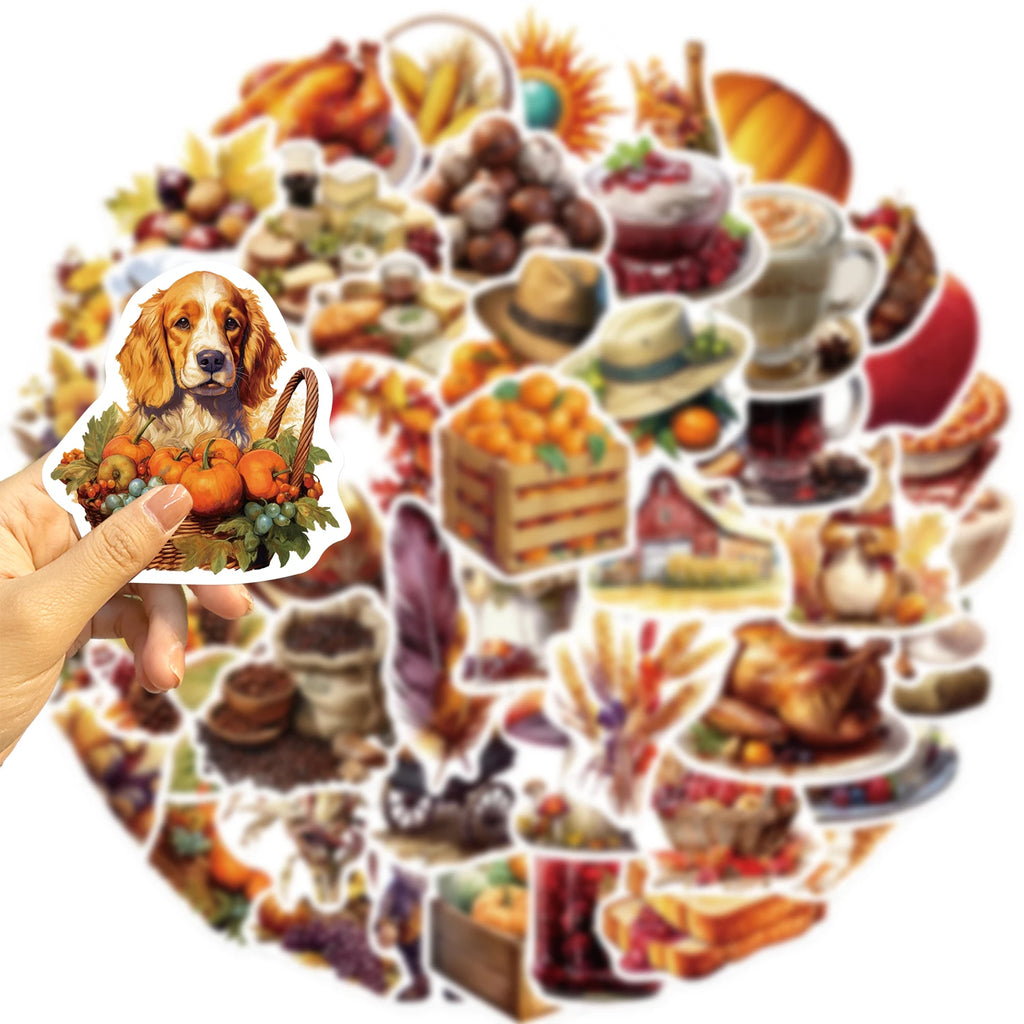 50Pcs Cartoon Thanksgiving Day Sticker Funny Pumpkin Turkey Autumn Maple Leaf Graffiti Decals DIY Laptop Luggage Skateboard