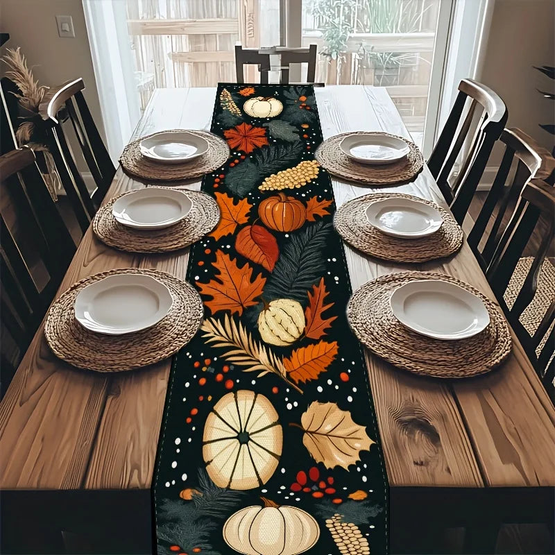 Thanksgiving Table Runner Autumn Harvest Design with Pumpkins, Leaves, Pine Needles & Berries on Black Background, Durable