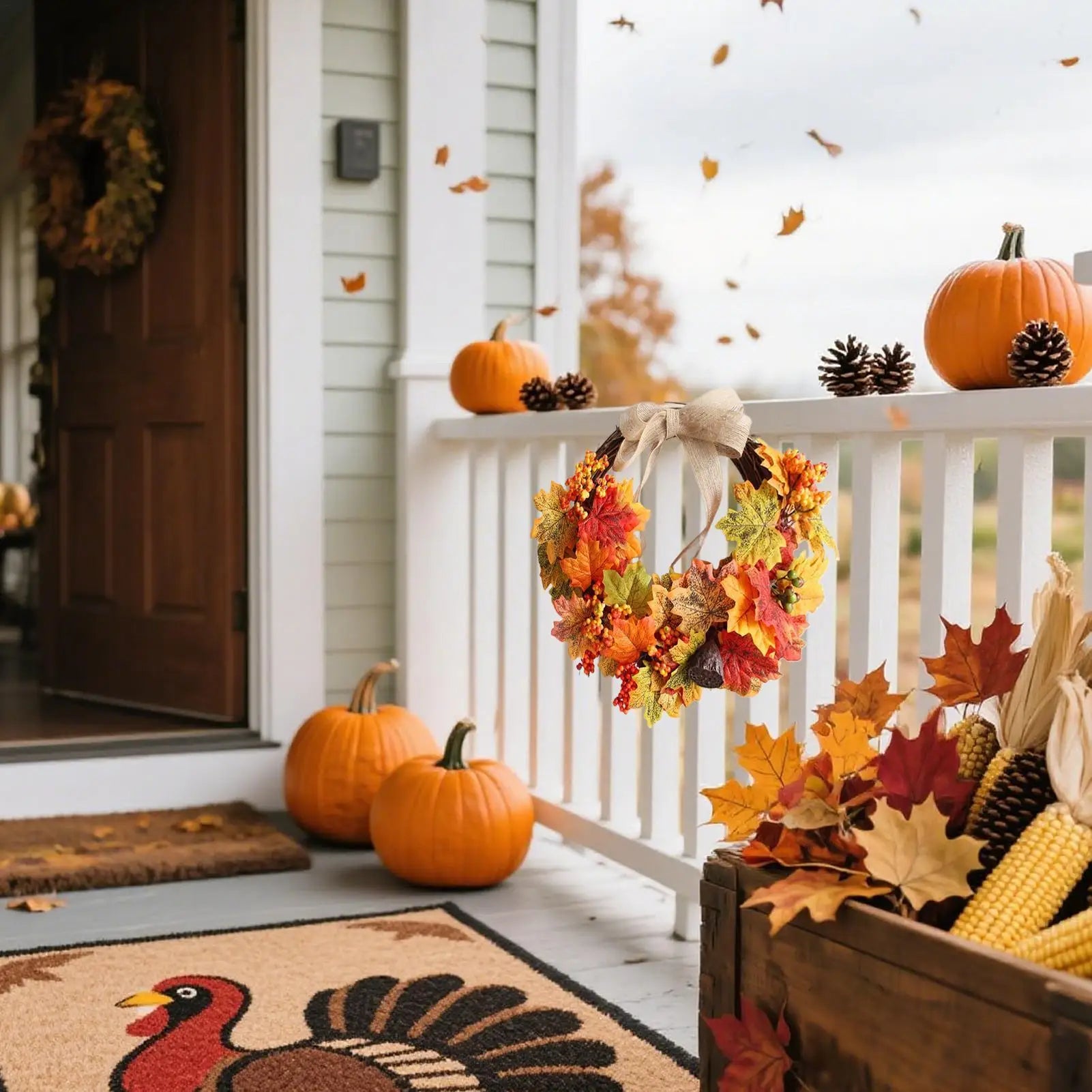 Autumn Wreath 18 Inch Outdoor Thanksgiving Wreath Holiday Decor for Harvest Festival Fireplace Porch Front Door Mantel Wall