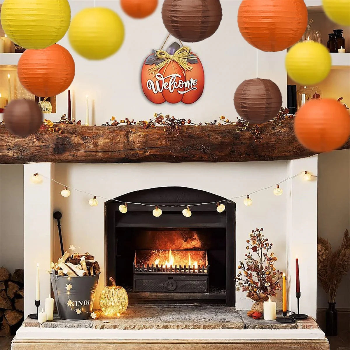 Fall Paper Lanterns Thanksgiving Autumn Party Decor Yellow Orange Brown Warm Autumn Colors for Festival Halloween Decorations