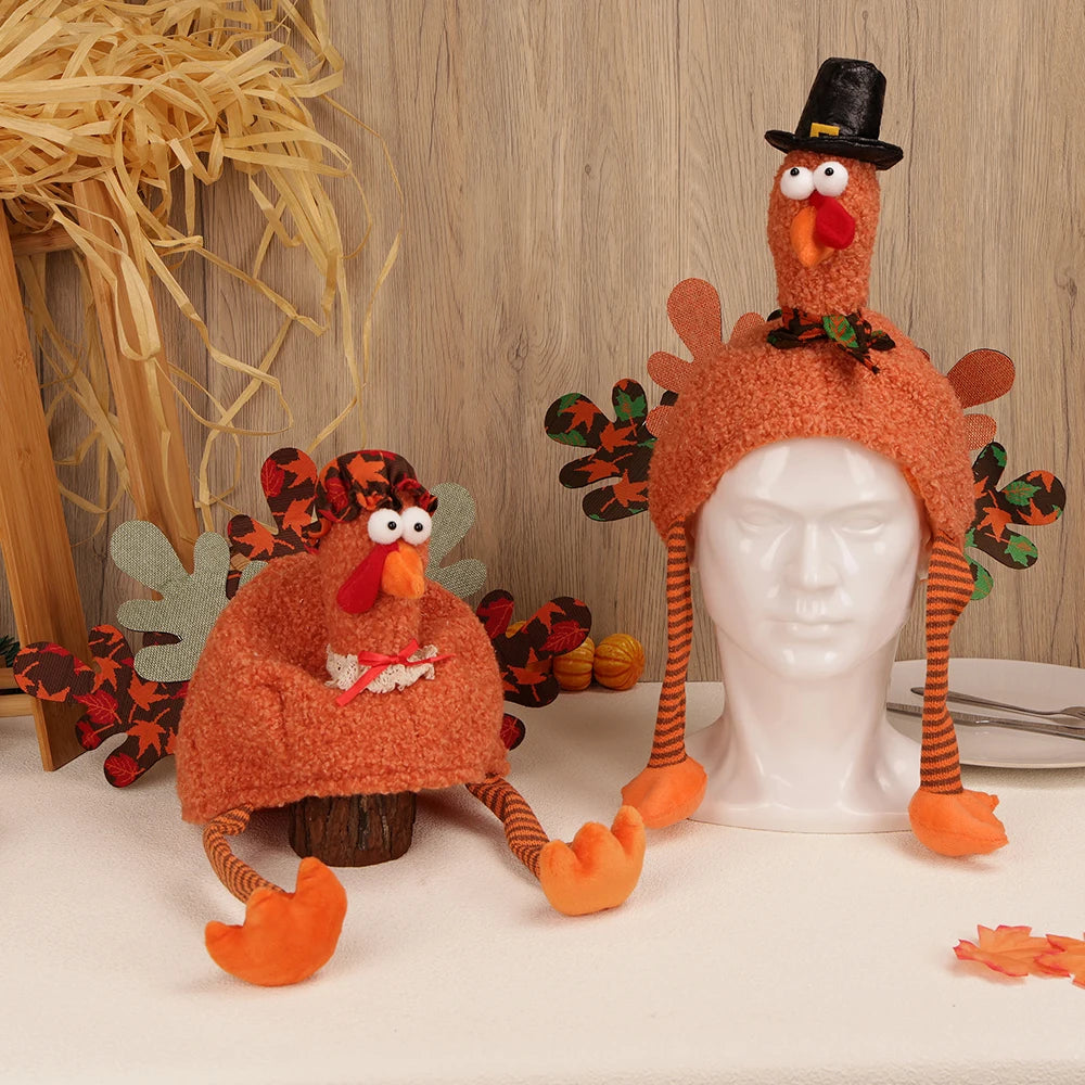 2PCS Thanksgiving decoration, creative plush turkey hat holiday home decoration and role-playing, suitable for adults
