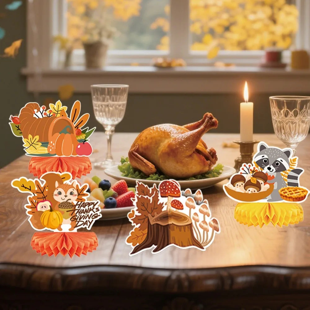 12pcs Autumn Style Thanksgiving Honeycomb Ball Decor Handmade Celebration Honeycomb Desktop Ornament Pumpkin Turkey Paper