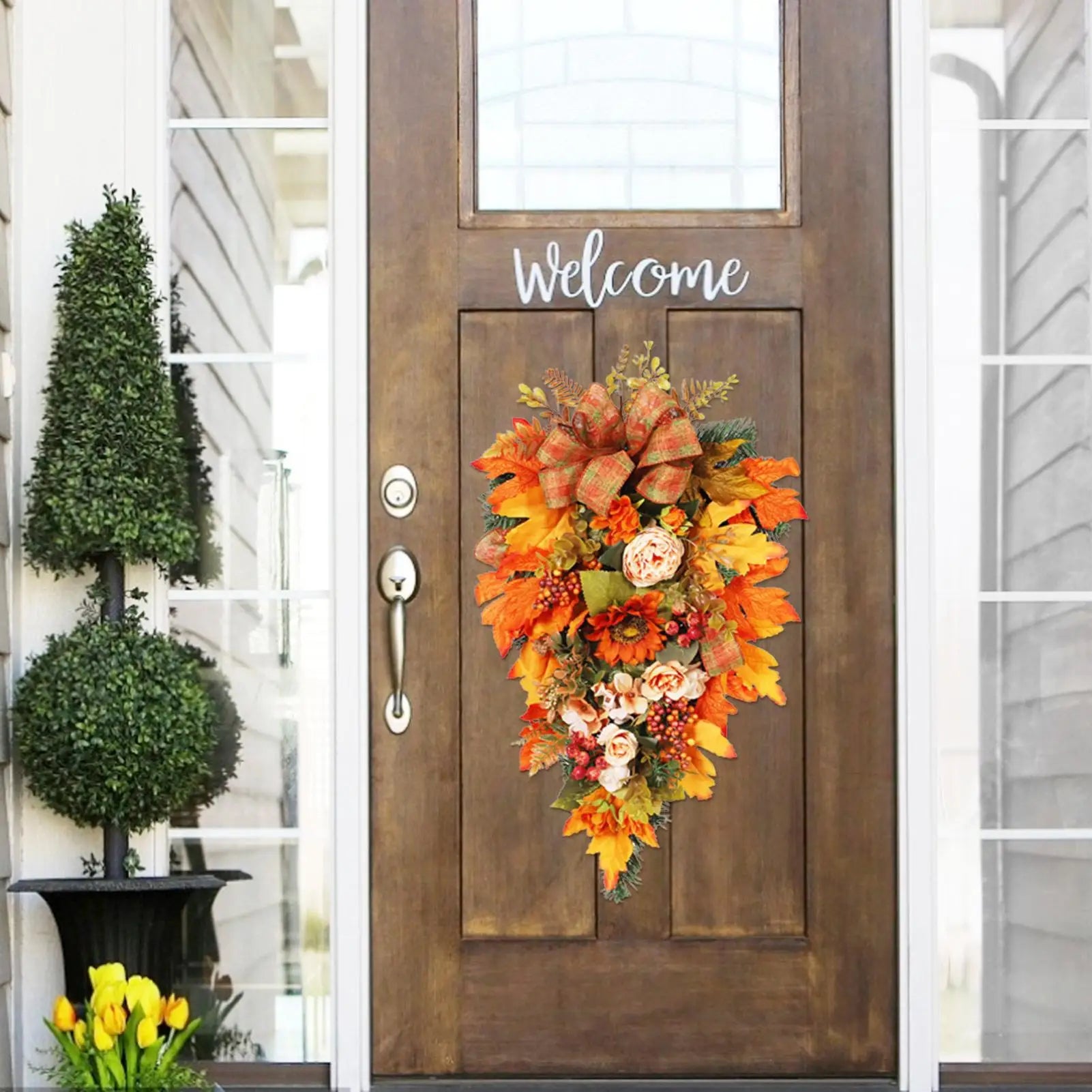 Thanksgiving Front Door Decorations Fall Wreath Door Wreath With Pumpkins/Berries/Maple Leaves Harvest Wreath For Autumn Party