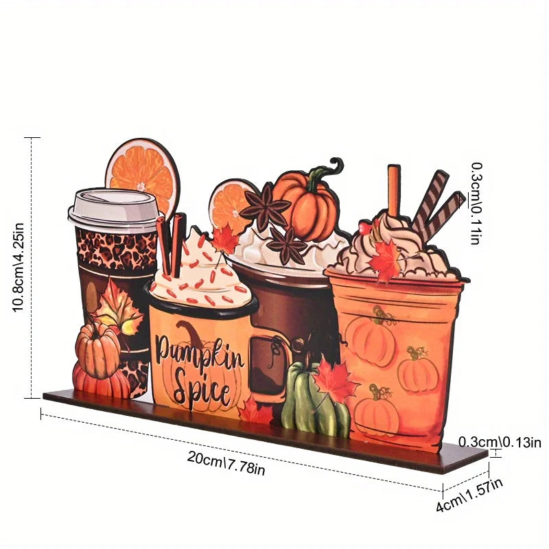 1pc, Thanksgiving Day Fall Autumn Drink Coffee Ice Cream Lemon Pumpkin Wooden Splicing Desktop Ornament, Home Holiday Decor