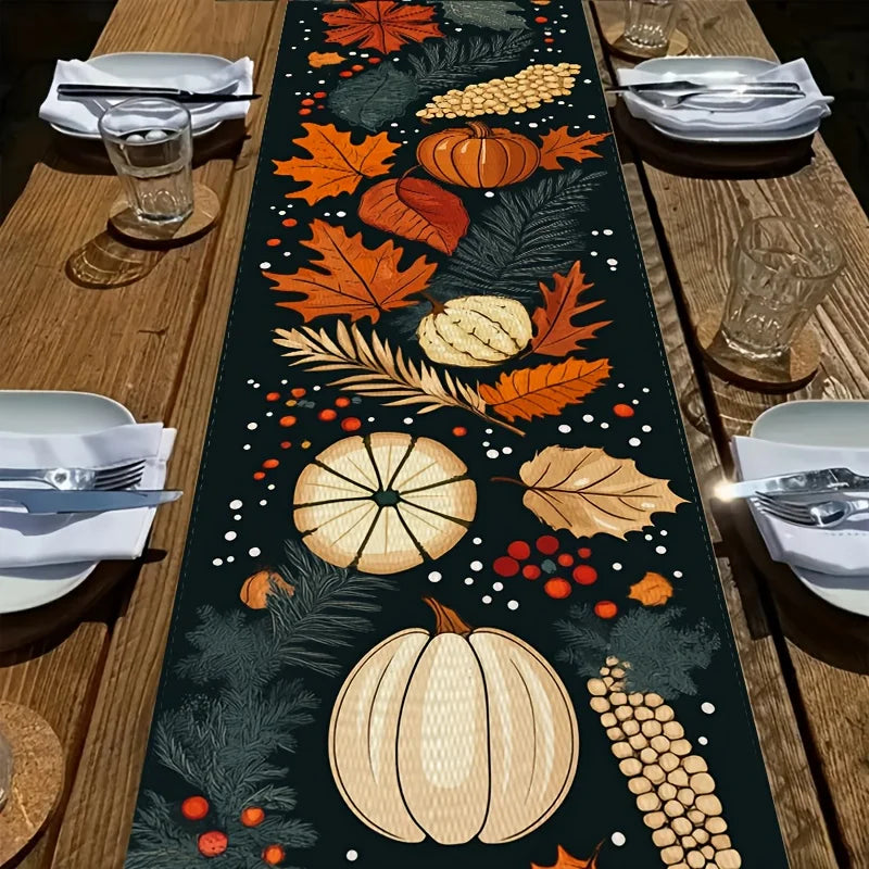 Thanksgiving Table Runner Autumn Harvest Design with Pumpkins, Leaves, Pine Needles & Berries on Black Background, Durable