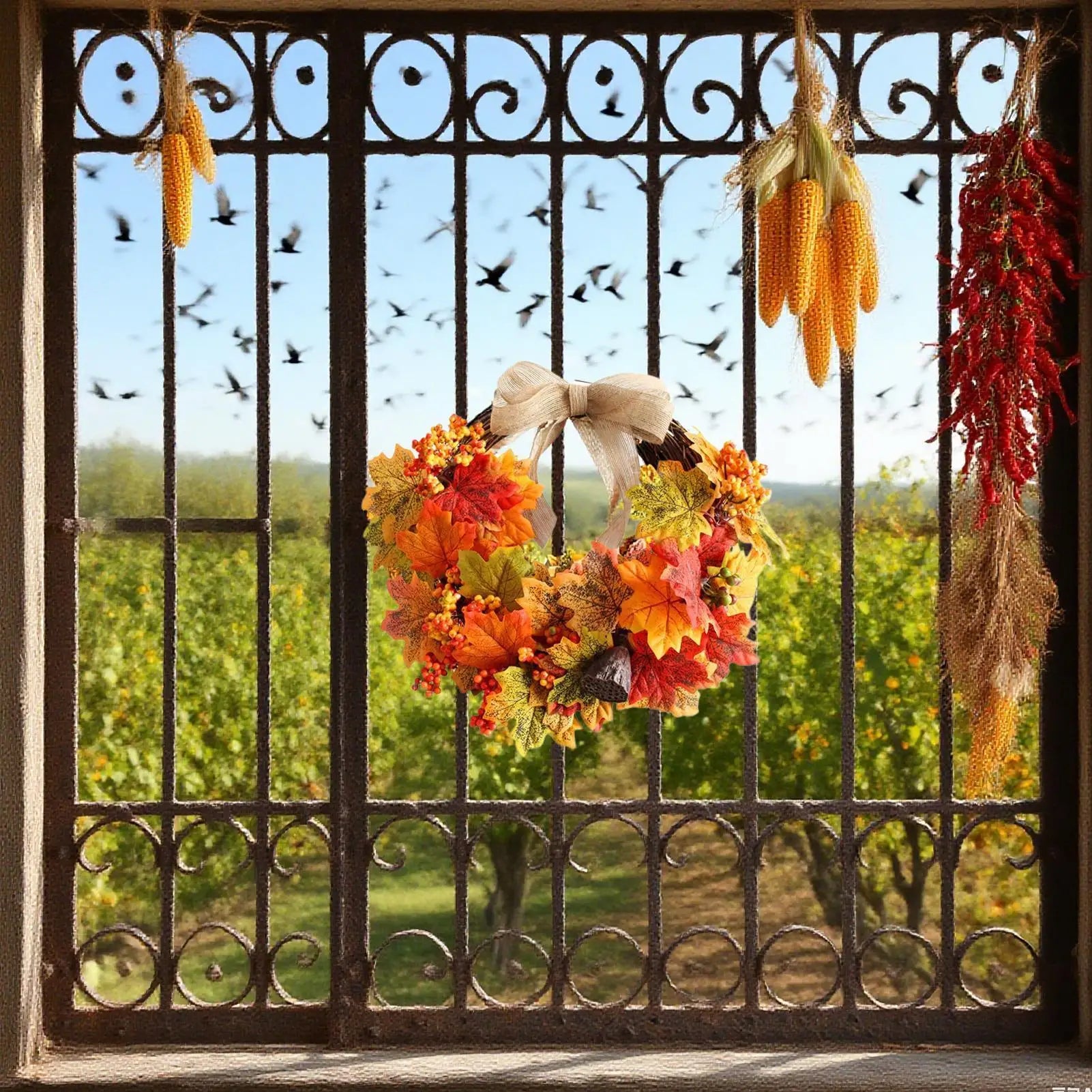 Autumn Wreath 18 Inch Outdoor Thanksgiving Wreath Holiday Decor for Harvest Festival Fireplace Porch Front Door Mantel Wall