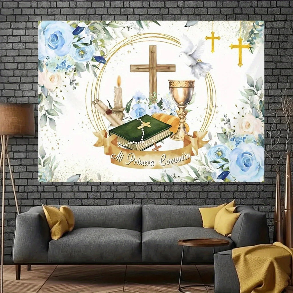 1 First Communion Thanks background with banner - Religious flower cross Holy Grail design with shining green leaves