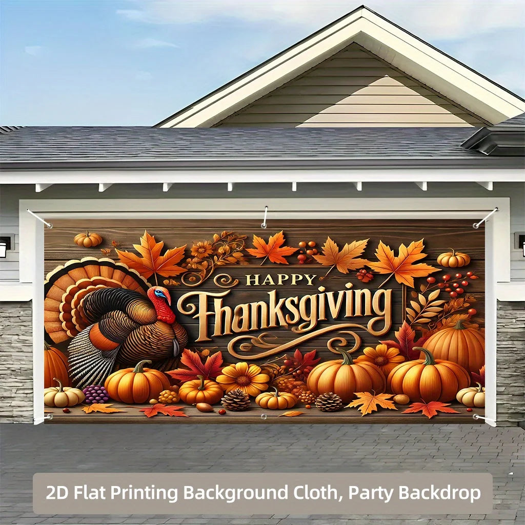 Thanksgiving Garage Door Banner - Thanksgiving Decoration with Turkey, Pumpkin, and Autumn Leaf Patterns