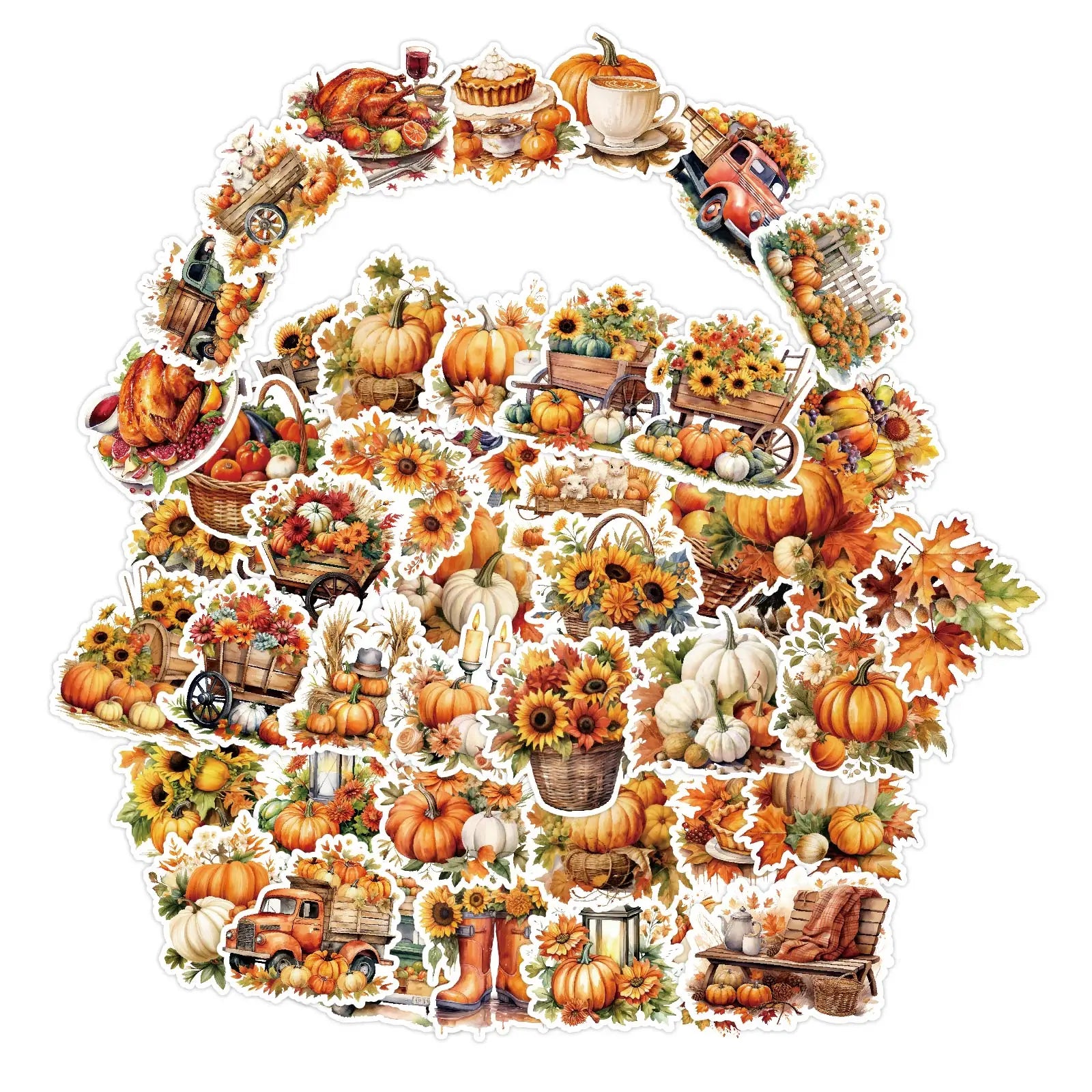 50PCS Thanksgiving Sticker Party Supplies Pumpkin Turkey Design Thanks Fall Harvest Sealing Labels Diary Laptop Phone Decoration
