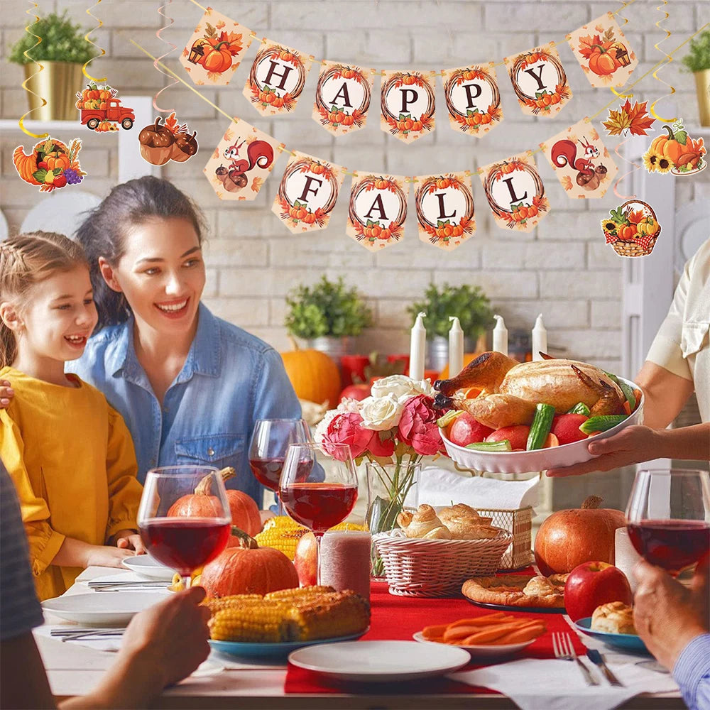 Happy Fall Banner Thanksgiving Party Decor Pumpkin Flag Maple Leaf Farm Spiral Hanging Ornaments Autumn Harvest Party Supplies