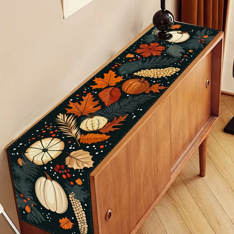 Thanksgiving Table Runner Autumn Harvest Design with Pumpkins, Leaves, Pine Needles & Berries on Black Background, Durable