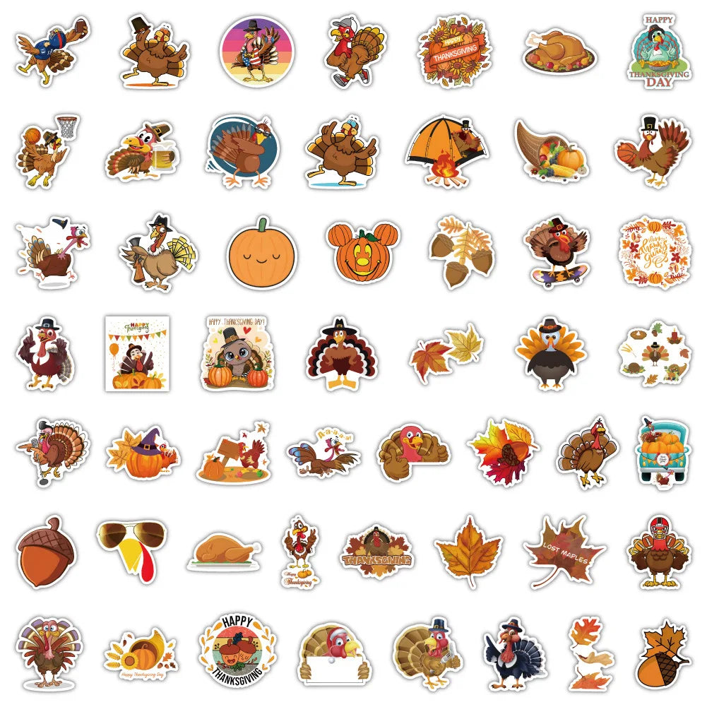 50/100PCS Thanksgiving Day Cartoon Stickers Turkey Pumpkin Graffiti Festive Decorations Luggage Laptop Guitar Bike Decals Toys