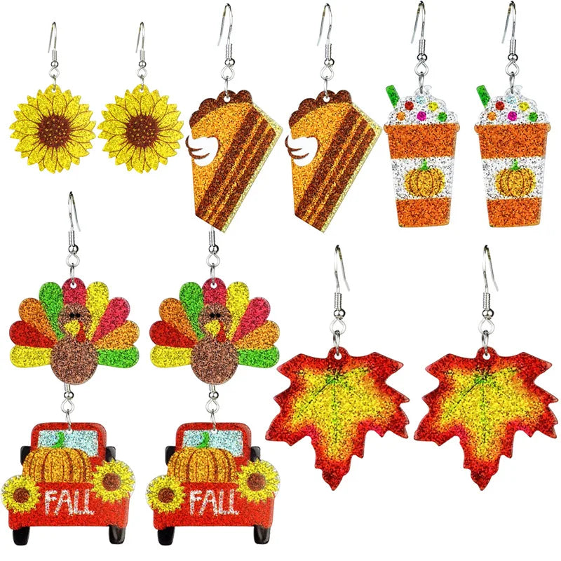 New Autumn Thanksgiving Earrings Turkey Pumpkin Pie Maple Leaf Coffee Sunflower Sparkling Acrylic Earrings Thanksgiving Gift