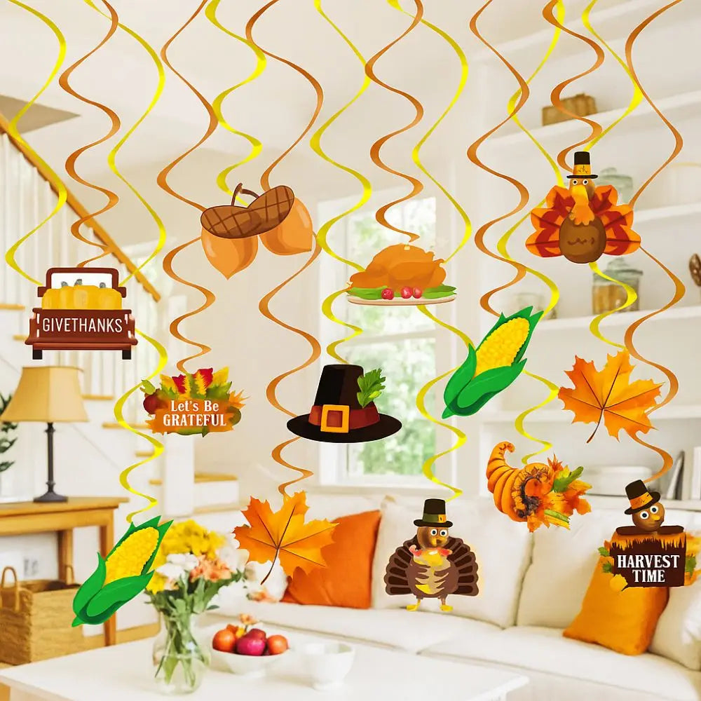 Cartoon Thanksgiving Spirals Hanging Flag Corn Turkey Pumpkin Paper Turkey Spiral Ornaments Celebration
