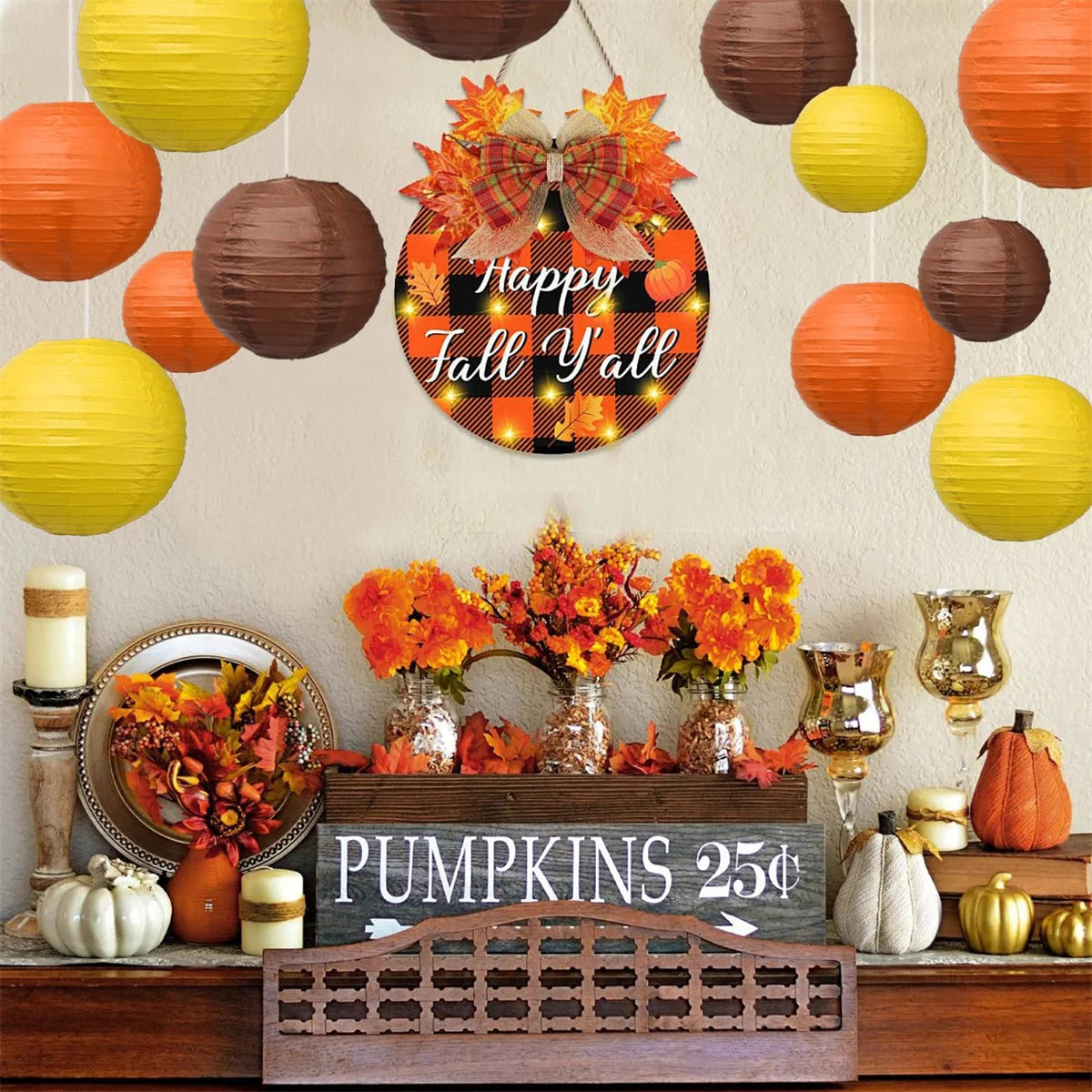 Fall Paper Lanterns Thanksgiving Autumn Party Decor Yellow Orange Brown Warm Autumn Colors for Festival Halloween Decorations