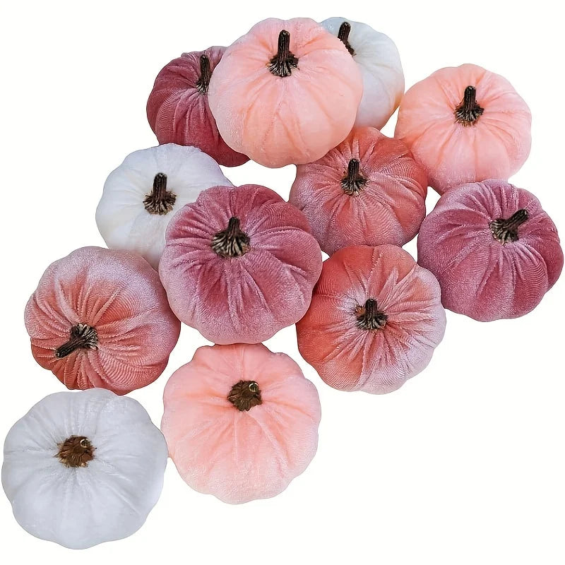 Autumn Harvest Halloween Thanksgiving 12- Pumpkin Decorations, Festive Pink Peach Cream Fabric Pumpkins Table Centerpieces