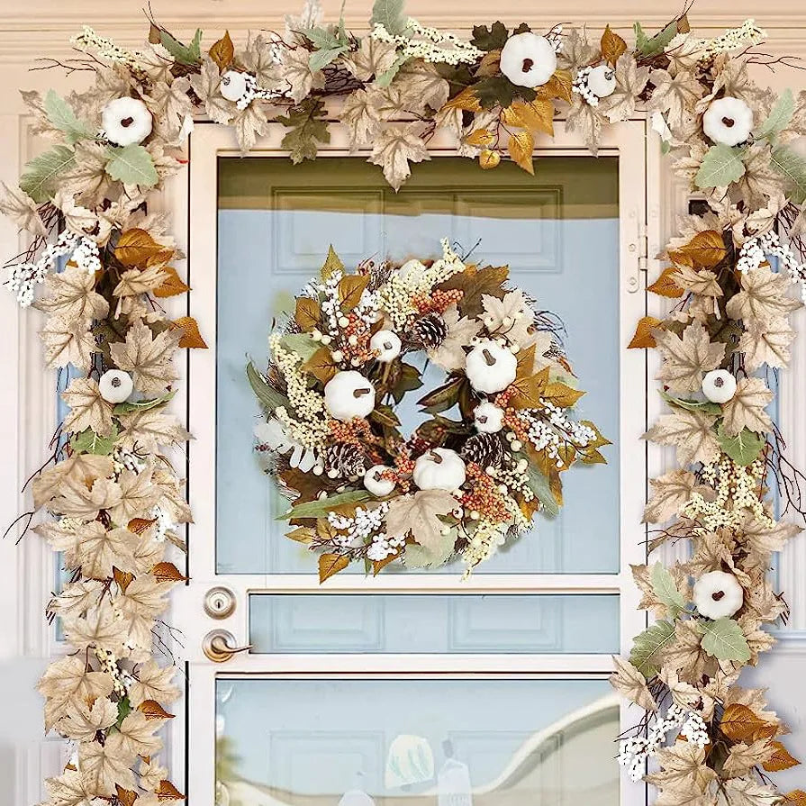 Autumn White Pumpkin Wreath Thanksgiving Decoration Maple Leaf Wreath For Front Door Hanging Indoor Outdoor Wall Home Decor 2025