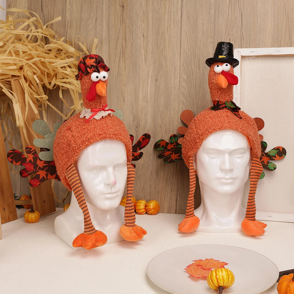 2PCS Thanksgiving decoration, creative plush turkey hat holiday home decoration and role-playing, suitable for adults